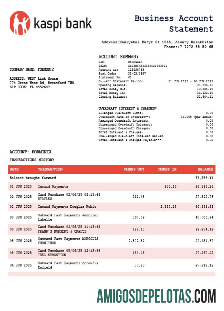 Realista Kaspi Bank Organization Checking modelo de extrato de conta Word e PDF